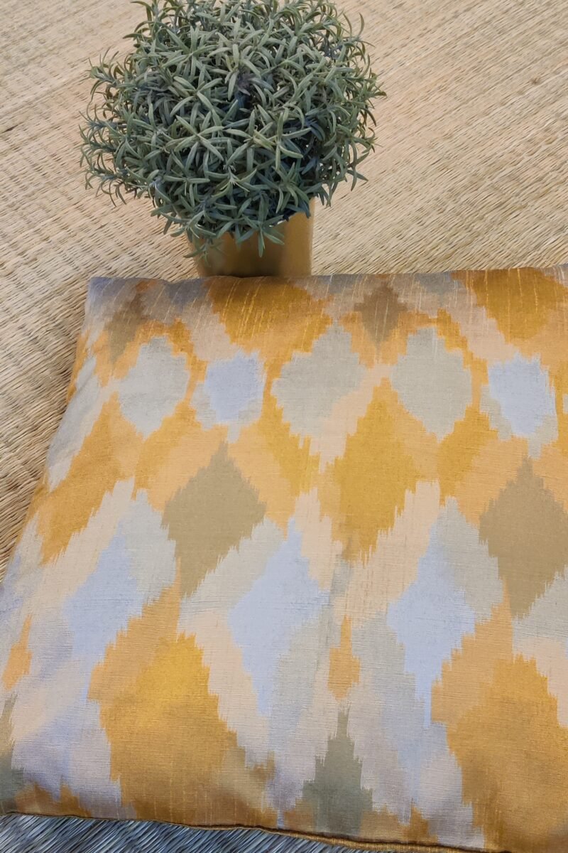 Cozy Cushion: Mustard Yellow Raw Ikkat Print in Olive Green and Grey Cushion Cover 16" X 16" - Image 4