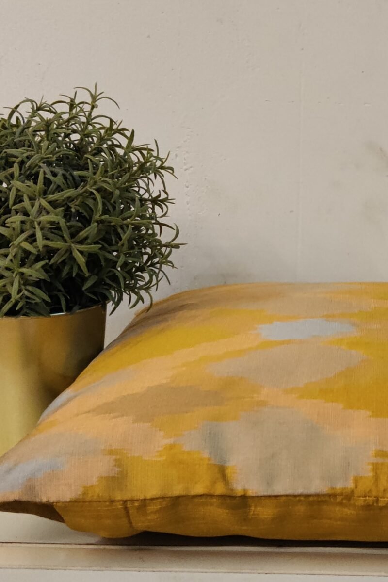 Cozy Cushion: Mustard Yellow Raw Ikkat Print in Olive Green and Grey Cushion Cover 16" X 16" - Image 5