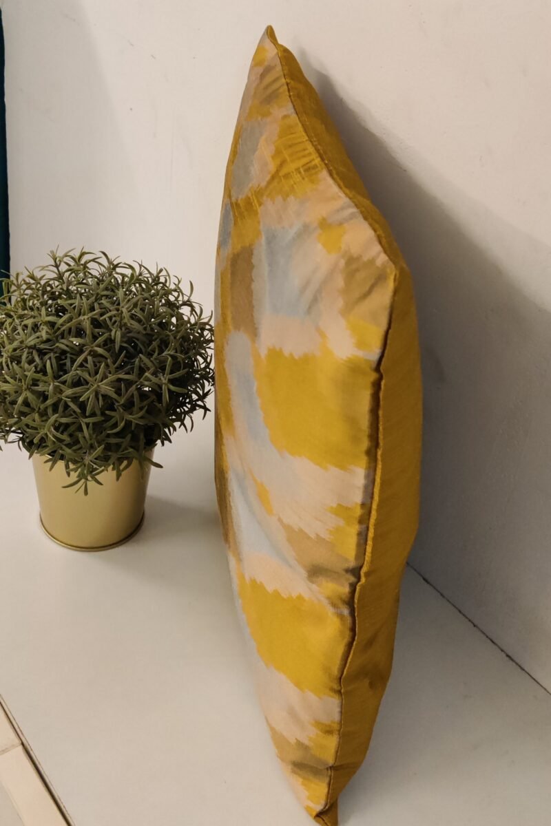 Cozy Cushion: Mustard Yellow Raw Ikkat Print in Olive Green and Grey Cushion Cover 16" X 16" - Image 6