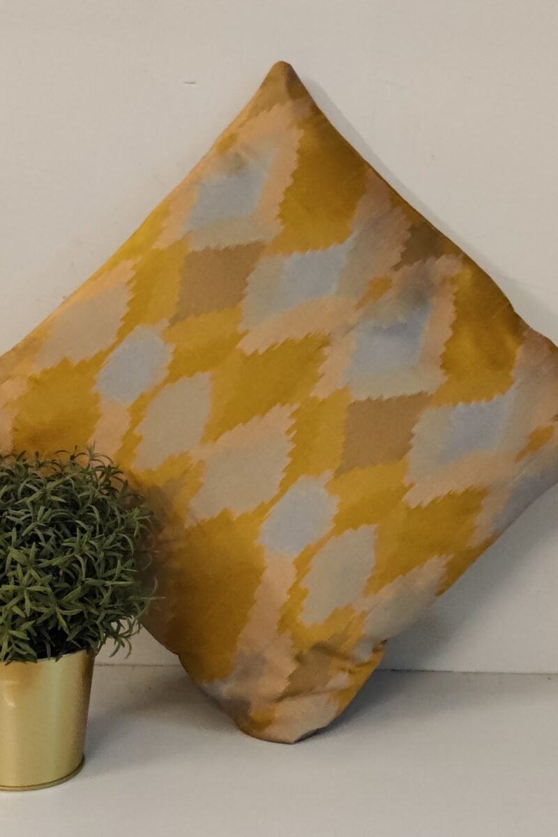 Cozy Cushion: Mustard Yellow Raw Ikkat Print in Olive Green and Grey Cushion Cover 16" X 16"