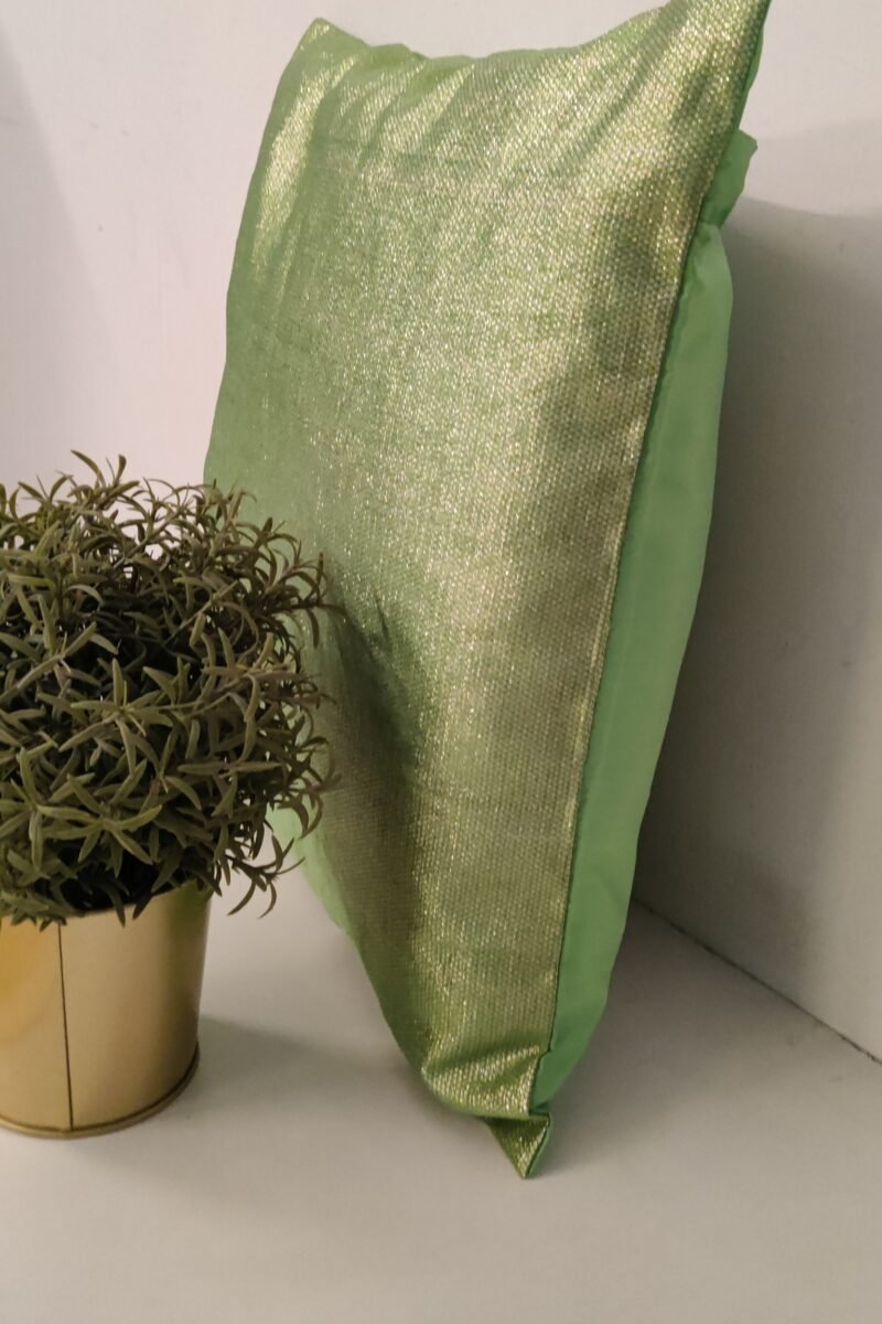 Cozy Cushion: Pista Green Shimmer Banarasi Silk Cushion Cover 16" X 16" - Image 3