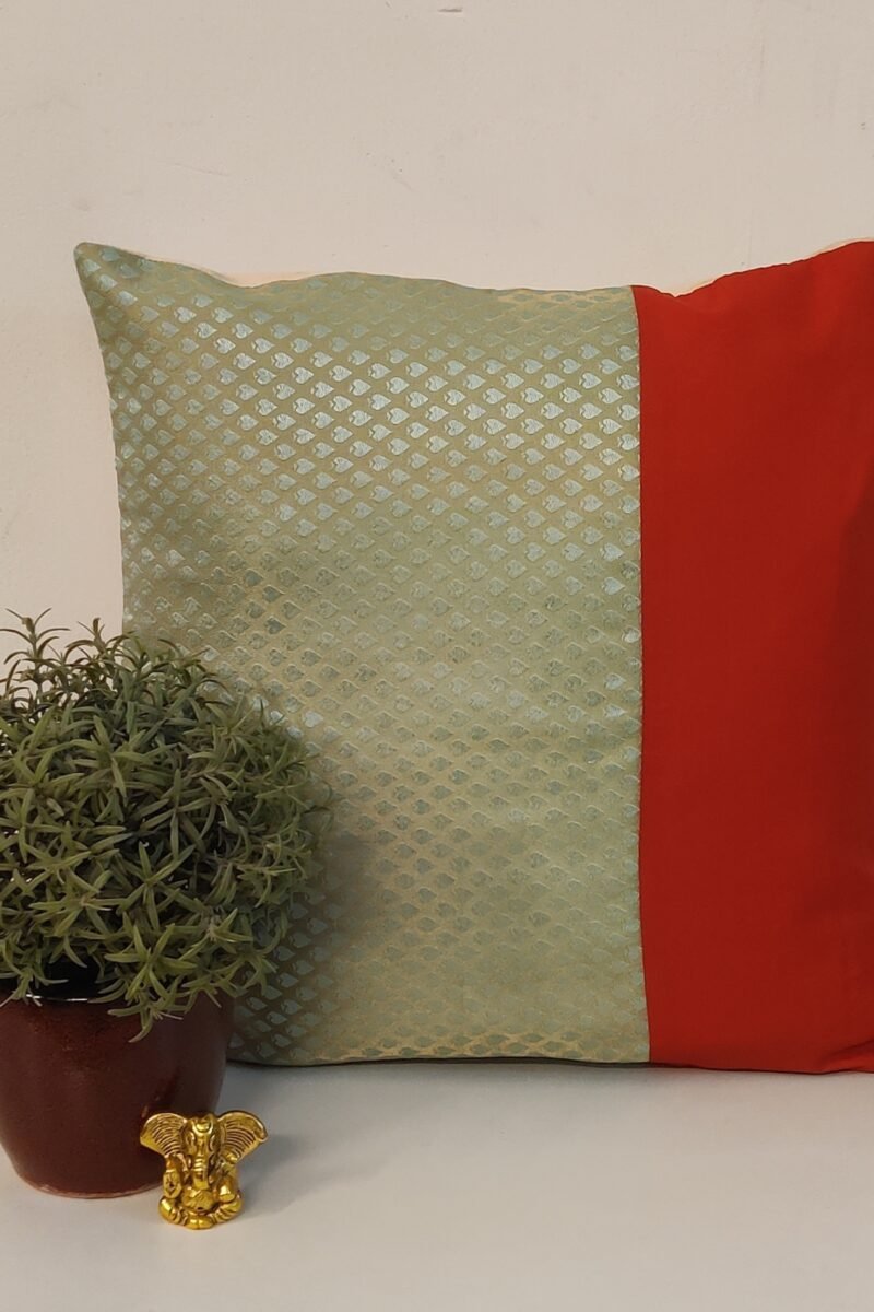 Cozy Cushion: Pastel Light Blue Spade Woven Raw Silk with Orange Half Pattu Cushion Cover 16" X 16" - Image 2