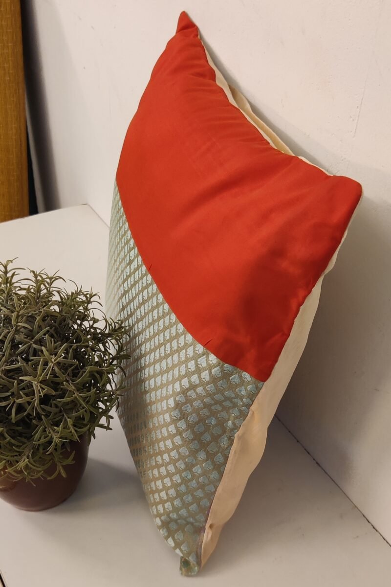 Cozy Cushion: Pastel Light Blue Spade Woven Raw Silk with Orange Half Pattu Cushion Cover 16" X 16" - Image 3