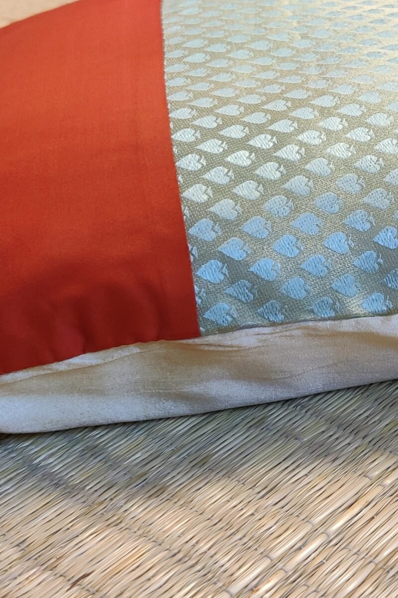 Cozy Cushion: Pastel Light Blue Spade Woven Raw Silk with Orange Half Pattu Cushion Cover 16" X 16" - Image 4