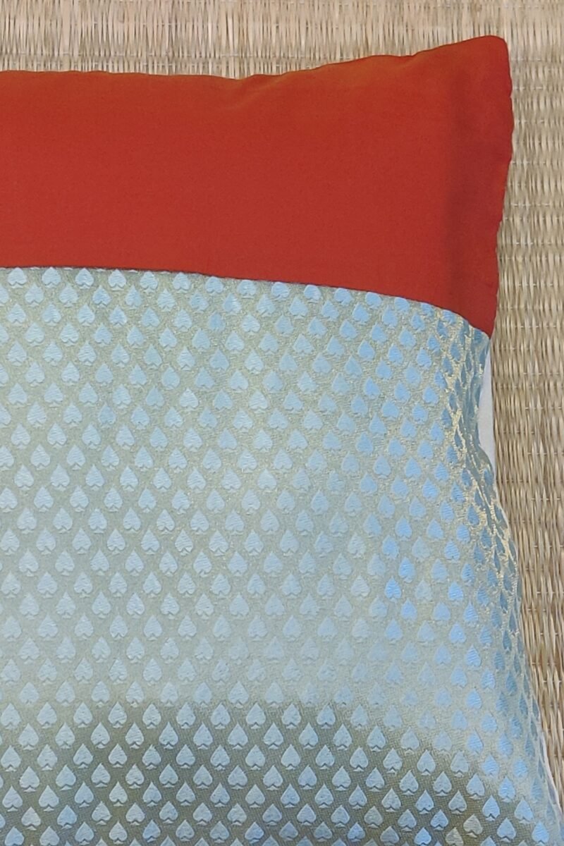 Cozy Cushion: Pastel Light Blue Spade Woven Raw Silk with Orange Half Pattu Cushion Cover 16" X 16" - Image 5