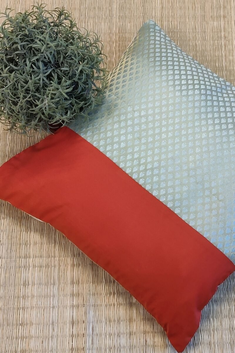 Cozy Cushion: Pastel Light Blue Spade Woven Raw Silk with Orange Half Pattu Cushion Cover 16" X 16" - Image 6