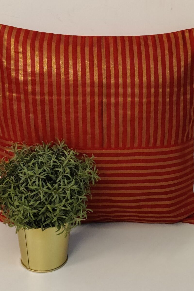 Cozy Cushion: Red and Gold Stripe Banarasi Silk Cushion Cover 16" X 16" - Image 2