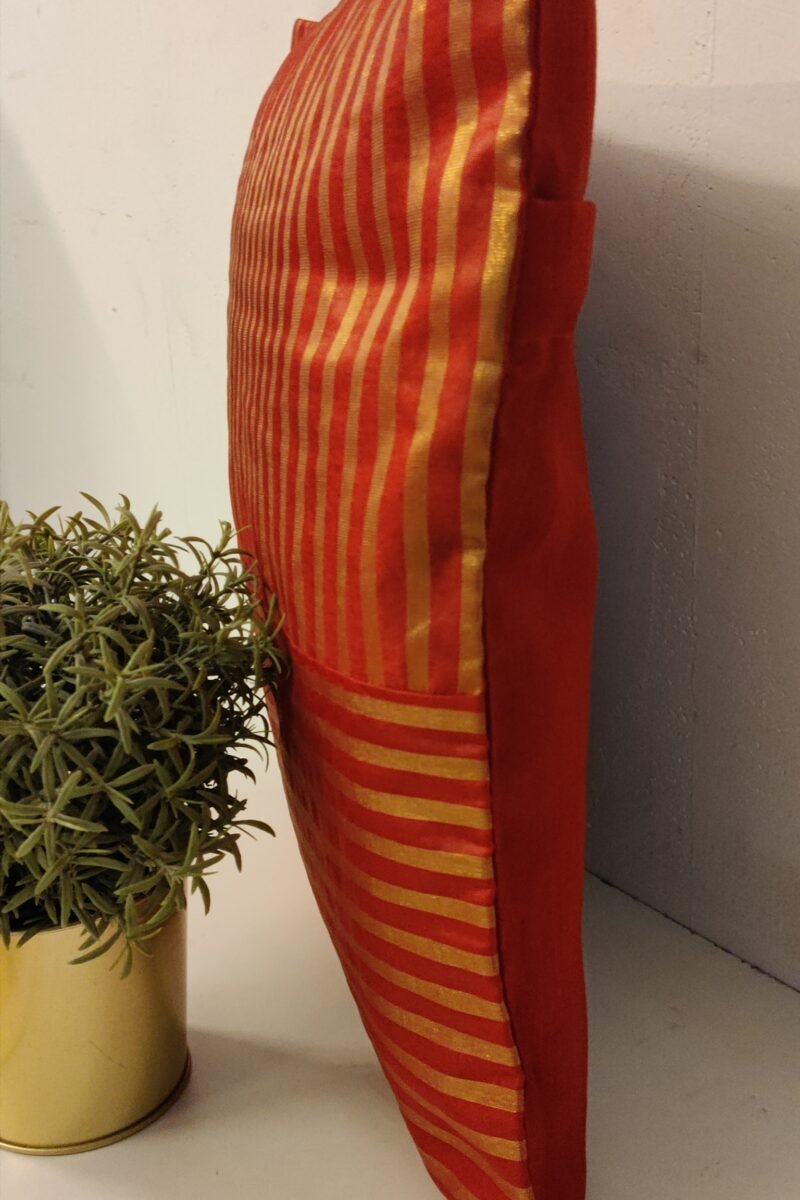 Cozy Cushion: Red and Gold Stripe Banarasi Silk Cushion Cover 16" X 16" - Image 3