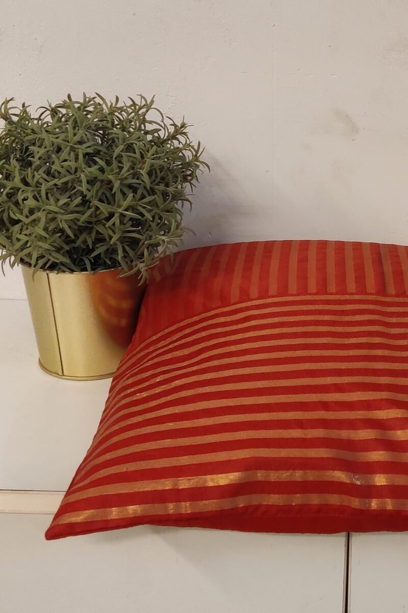 Cozy Cushion: Red and Gold Stripe Banarasi Silk Cushion Cover 16" X 16" - Image 4