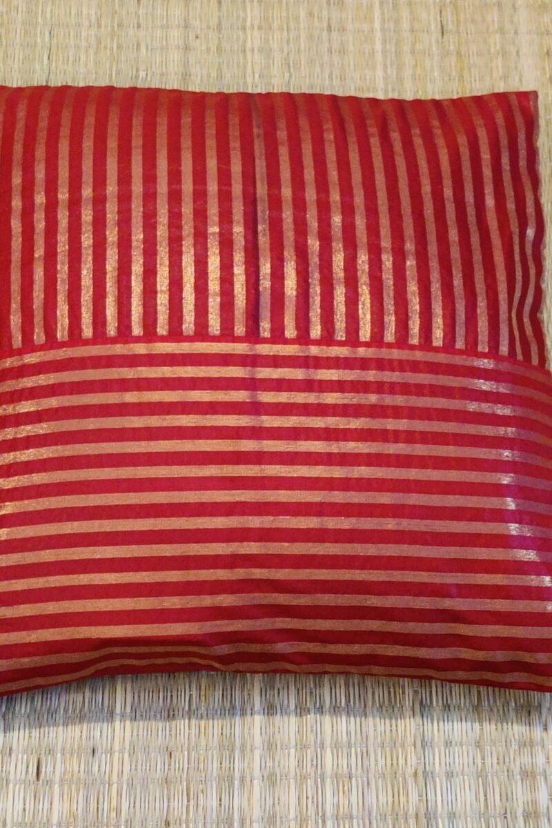 Cozy Cushion: Red and Gold Stripe Banarasi Silk Cushion Cover 16" X 16" - Image 5