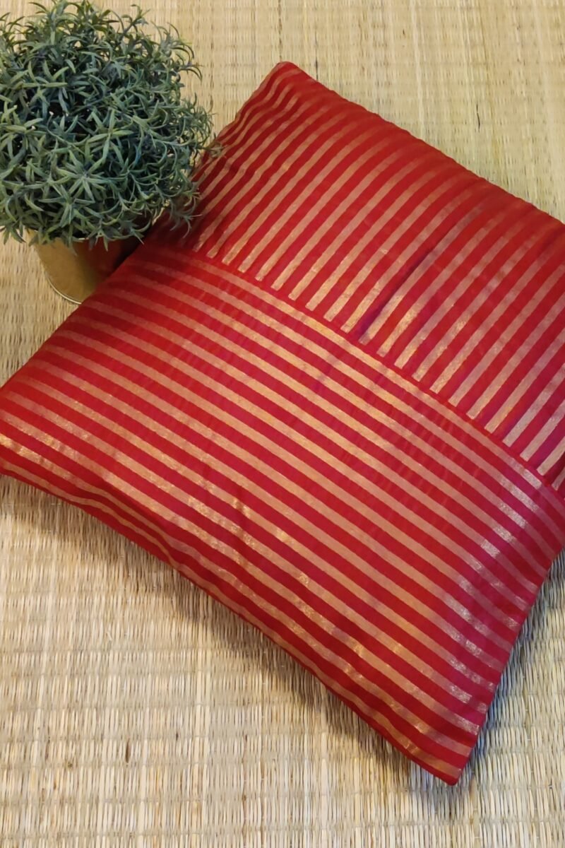 Cozy Cushion: Red and Gold Stripe Banarasi Silk Cushion Cover 16" X 16"