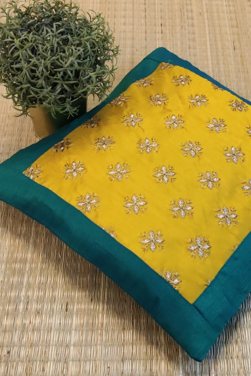 Cozy Cushion: Mustard Yellow Raw Silk with Sea Green Gota Patti Border Cushion Cover 16" X 16" - Image 2