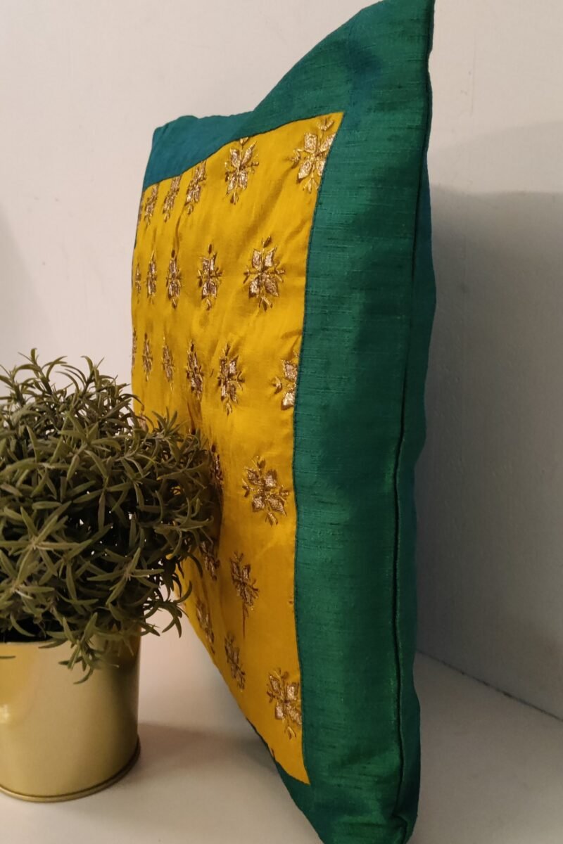 Cozy Cushion: Mustard Yellow Raw Silk with Sea Green Gota Patti Border Cushion Cover 16" X 16" - Image 3