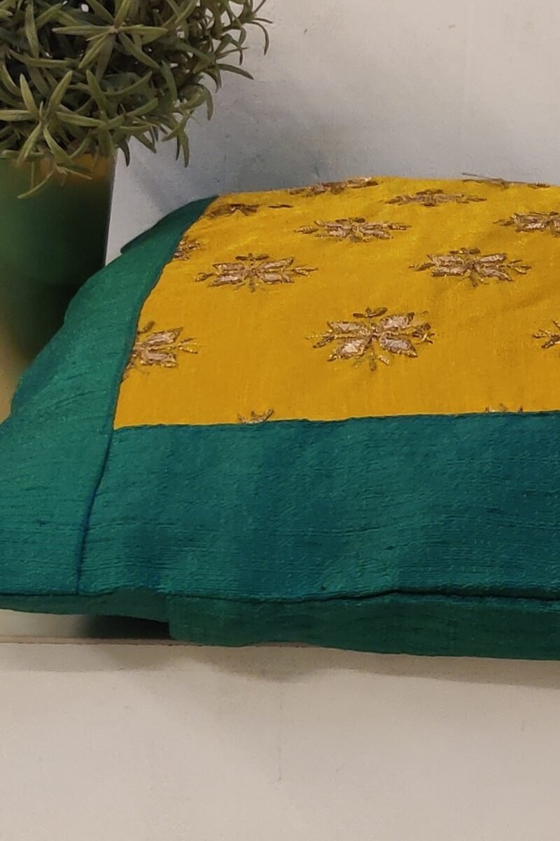 Cozy Cushion: Mustard Yellow Raw Silk with Sea Green Gota Patti Border Cushion Cover 16" X 16" - Image 4