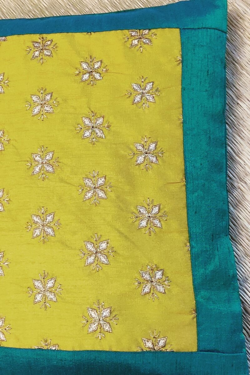 Cozy Cushion: Mustard Yellow Raw Silk with Sea Green Gota Patti Border Cushion Cover 16" X 16" - Image 5