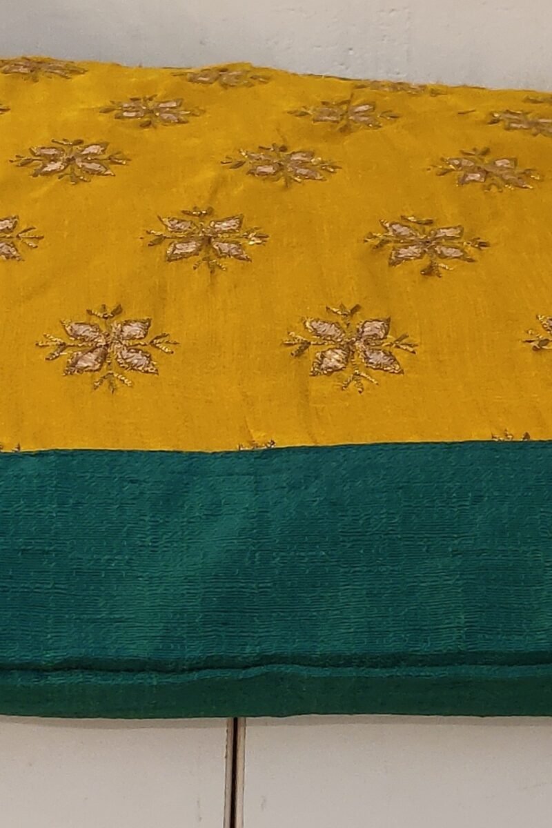 Cozy Cushion: Mustard Yellow Raw Silk with Sea Green Gota Patti Border Cushion Cover 16" X 16" - Image 6