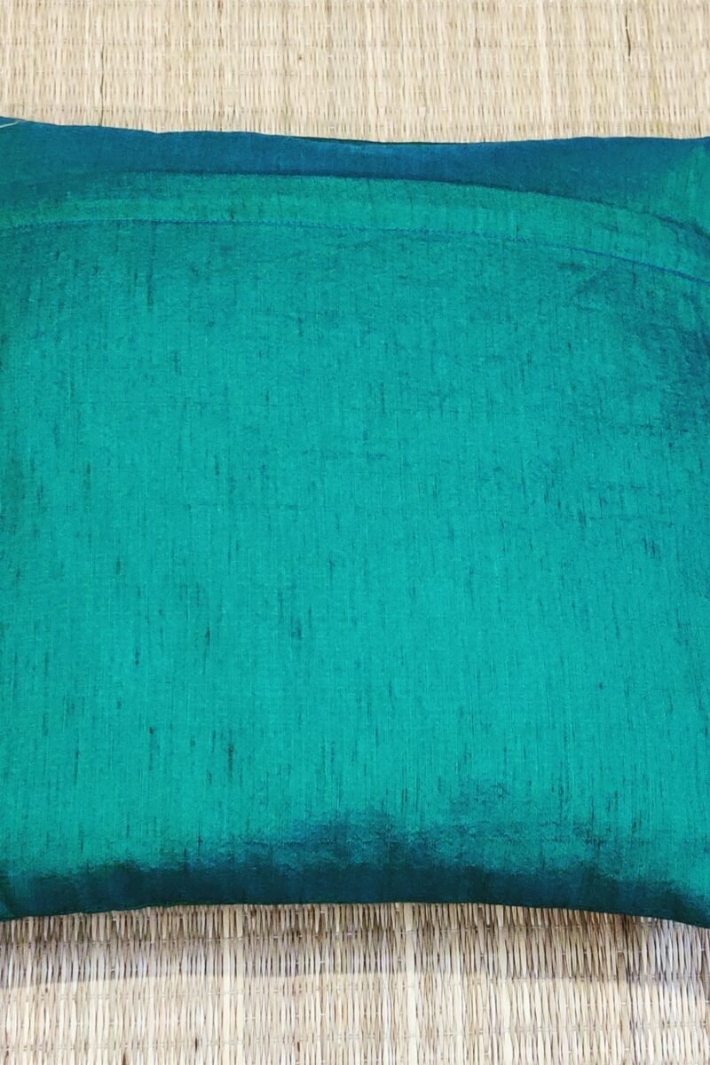 Cozy Cushion: Mustard Yellow Raw Silk with Sea Green Gota Patti Border Cushion Cover 16" X 16" - Image 7