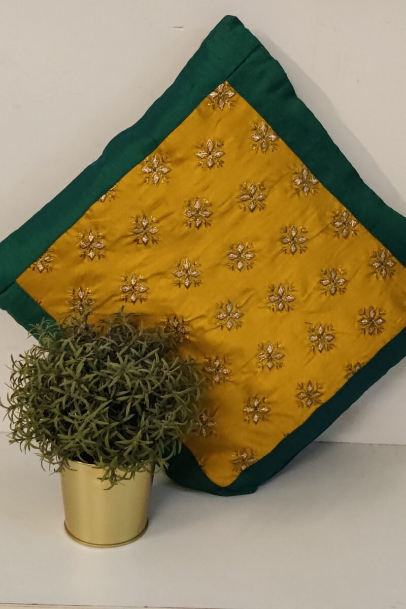 Cozy Cushion: Mustard Yellow Raw Silk with Sea Green Gota Patti Border Cushion Cover 16" X 16"