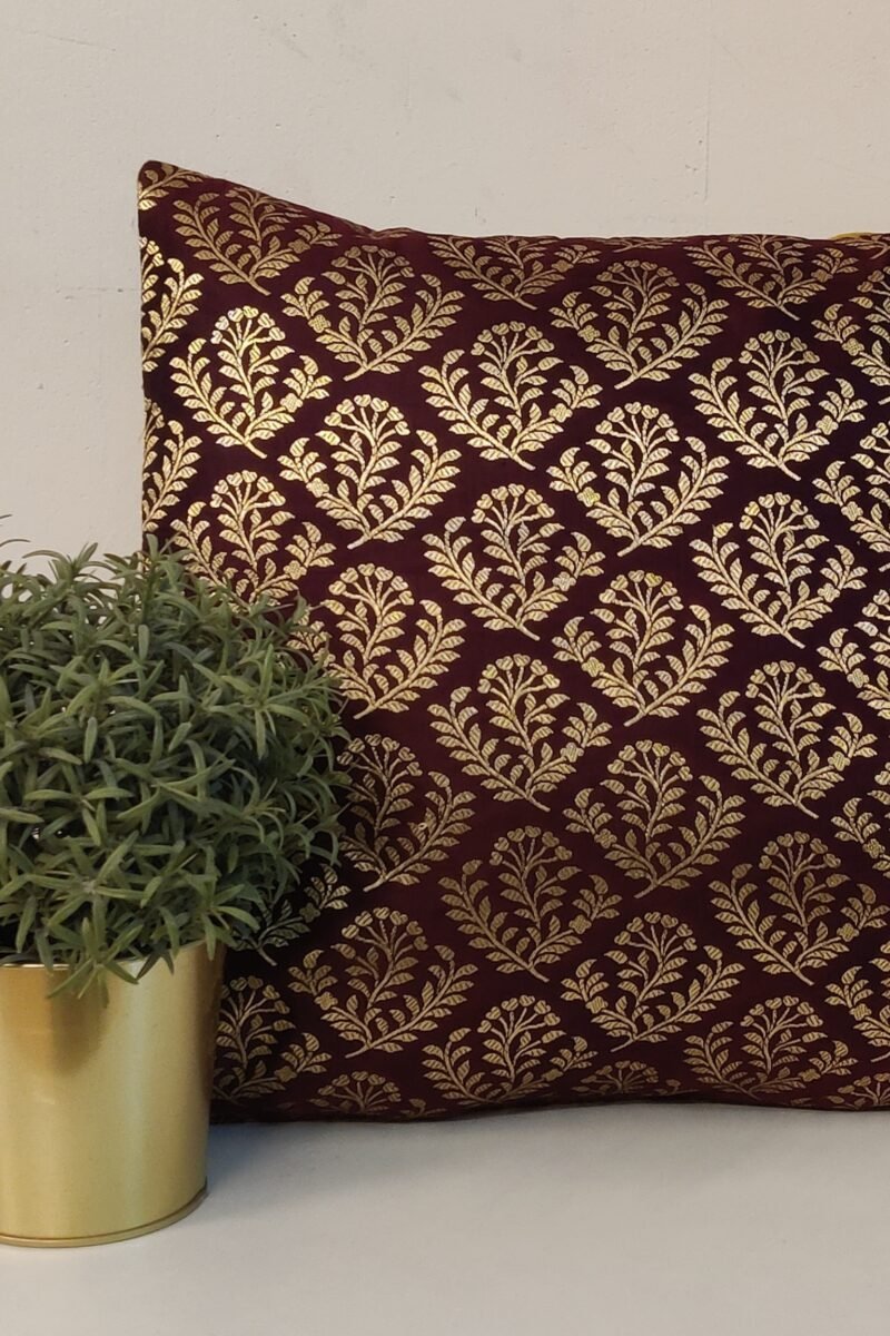 Cozy Cushion: Wine Banarasi Silk With Gold Leaf Motifs Cushion Cover 16" X 16" - Image 2