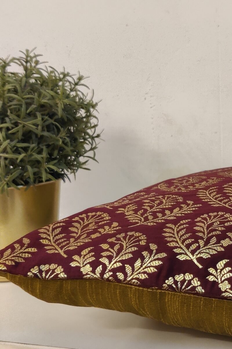 Cozy Cushion: Wine Banarasi Silk With Gold Leaf Motifs Cushion Cover 16" X 16" - Image 3