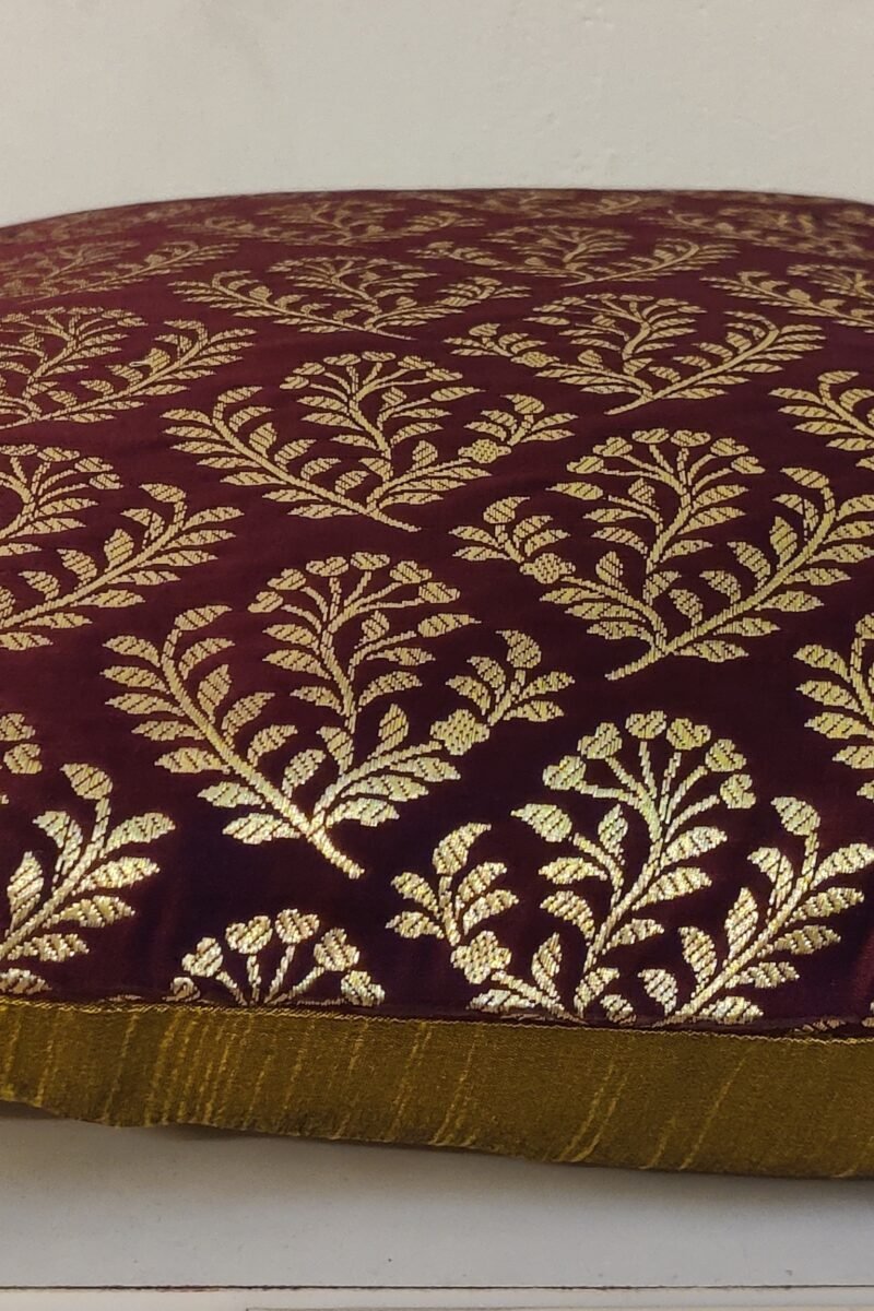 Cozy Cushion: Wine Banarasi Silk With Gold Leaf Motifs Cushion Cover 16" X 16" - Image 4