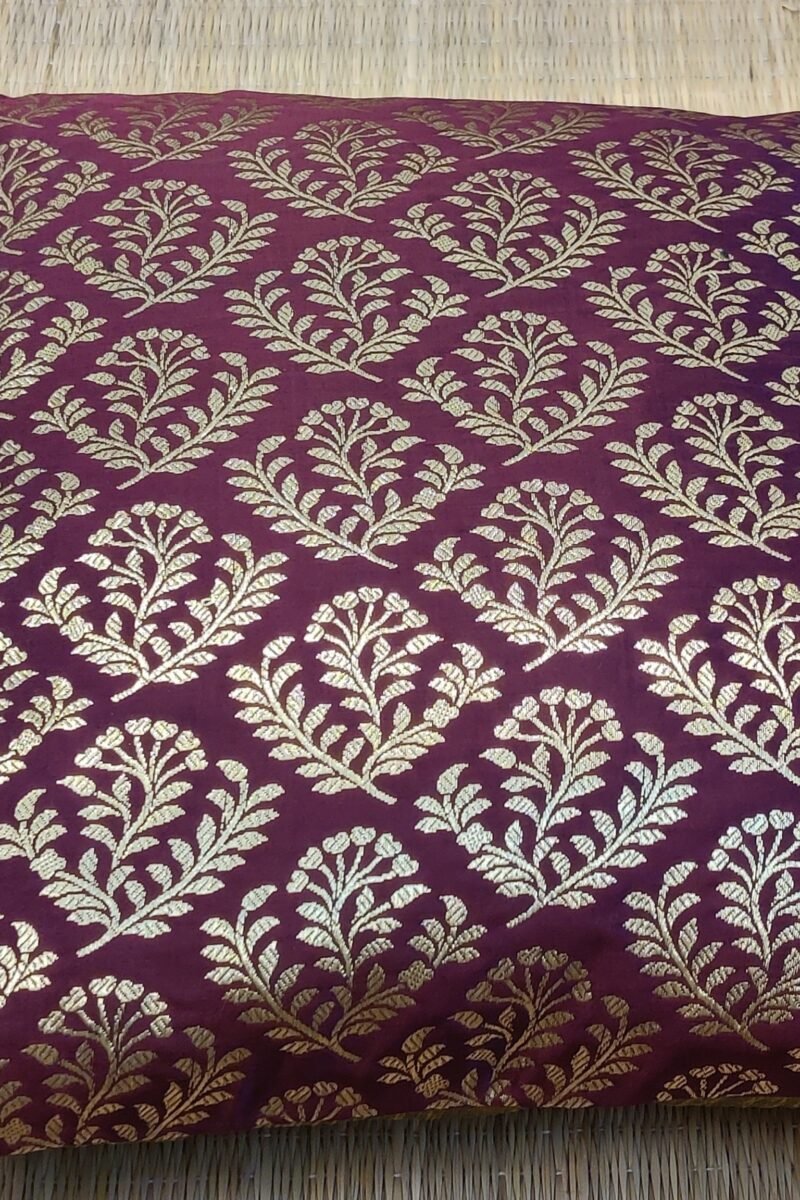 Cozy Cushion: Wine Banarasi Silk With Gold Leaf Motifs Cushion Cover 16" X 16" - Image 5