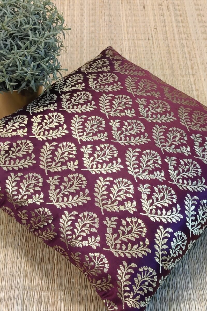 Cozy Cushion: Wine Banarasi Silk With Gold Leaf Motifs Cushion Cover 16" X 16" - Image 6