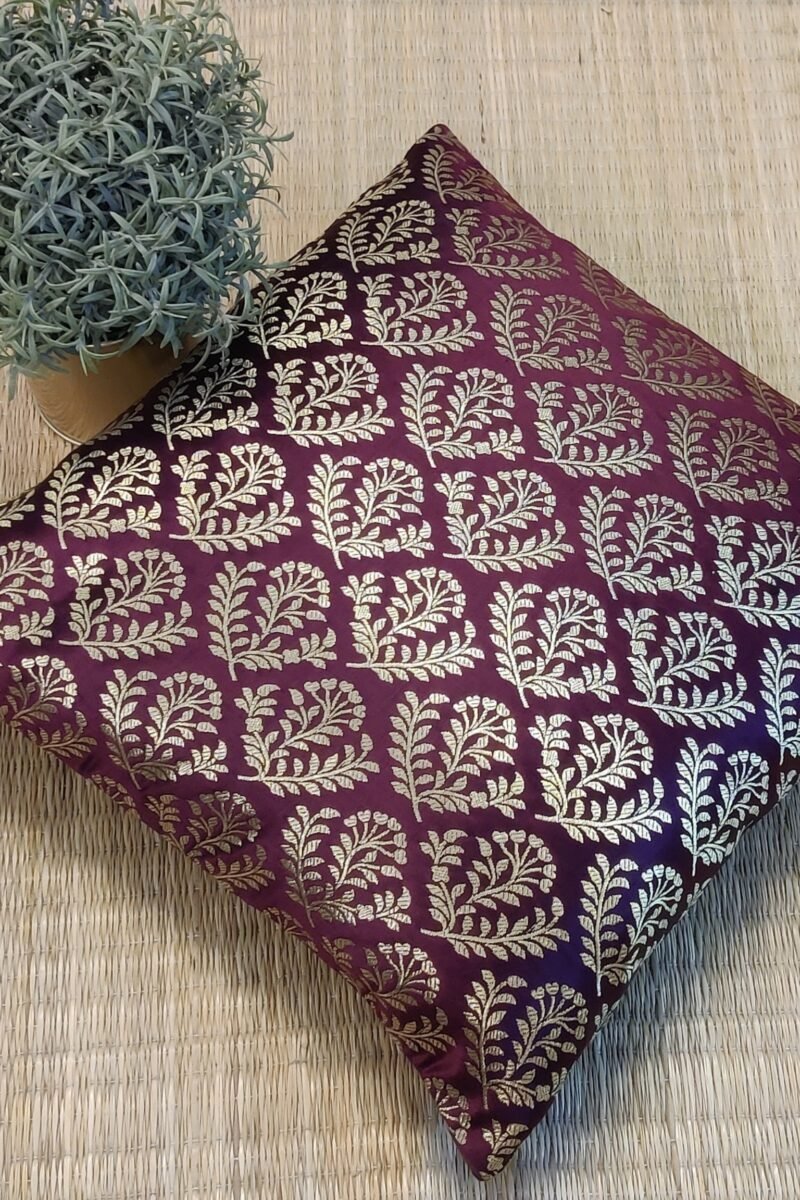 Cozy Cushion: Wine Banarasi Silk With Gold Leaf Motifs Cushion Cover 16" X 16"