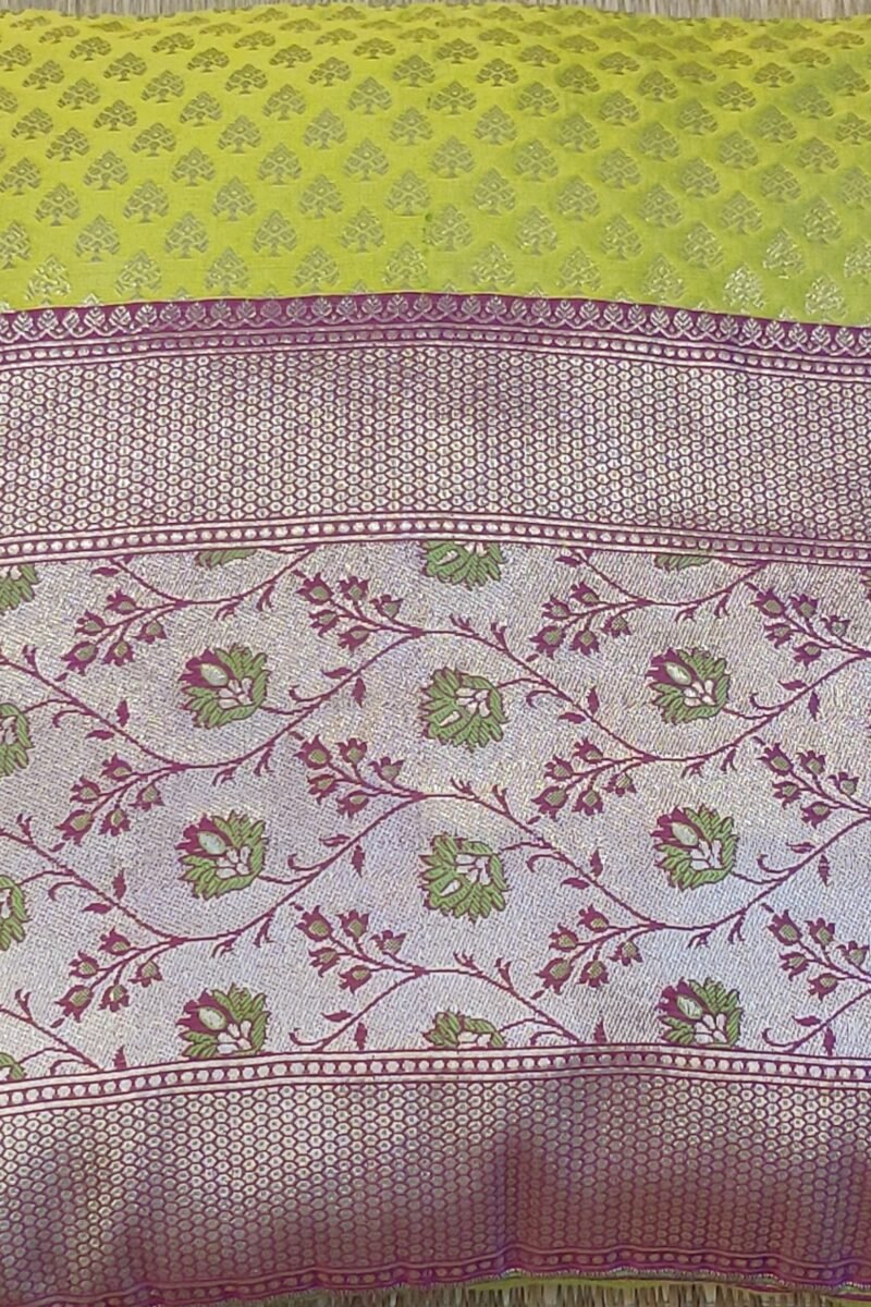 Cozy Cushion:Lime Green Satin Banarasi with Leaf Motifs and Pink-Gold Border Cushion Cover 16" X 16" - Image 6