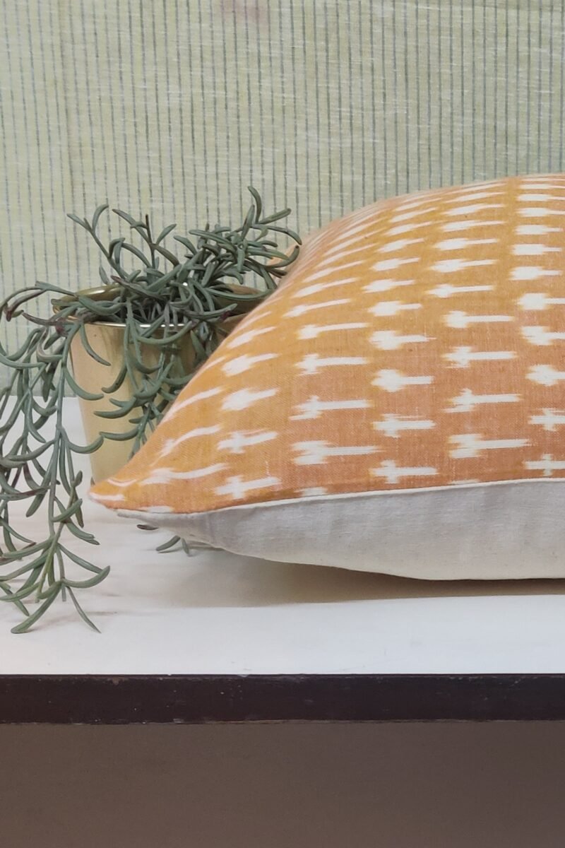 Cozy Cushion: Mustard Cotton Ikkat close print Cushion Cover 16" X 16" - Image 2