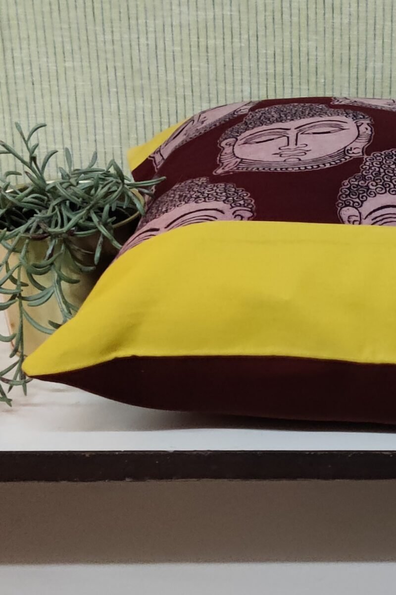 Cozy Cushion: Yellow Border and Brown Buddha Print Kalmakri Cotton Cushion Cover 16" X 16" - Image 2