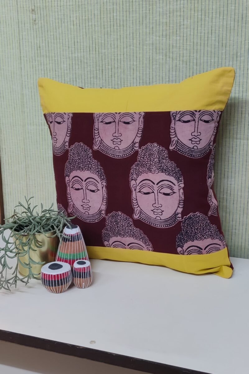 Cozy Cushion: Yellow Border and Brown Buddha Print Kalmakri Cotton Cushion Cover 16" X 16" - Image 3