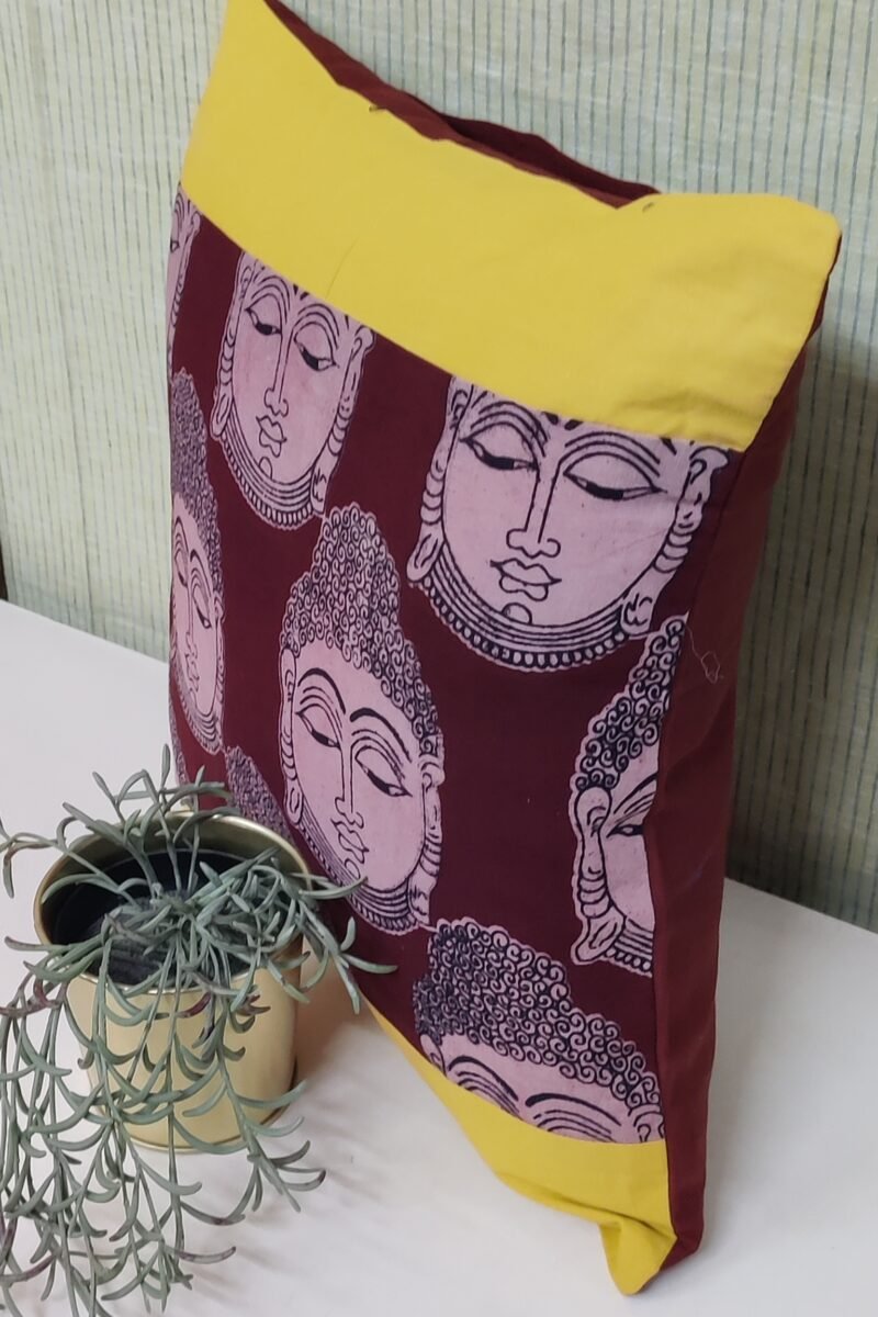 Cozy Cushion: Yellow Border and Brown Buddha Print Kalmakri Cotton Cushion Cover 16" X 16" - Image 4