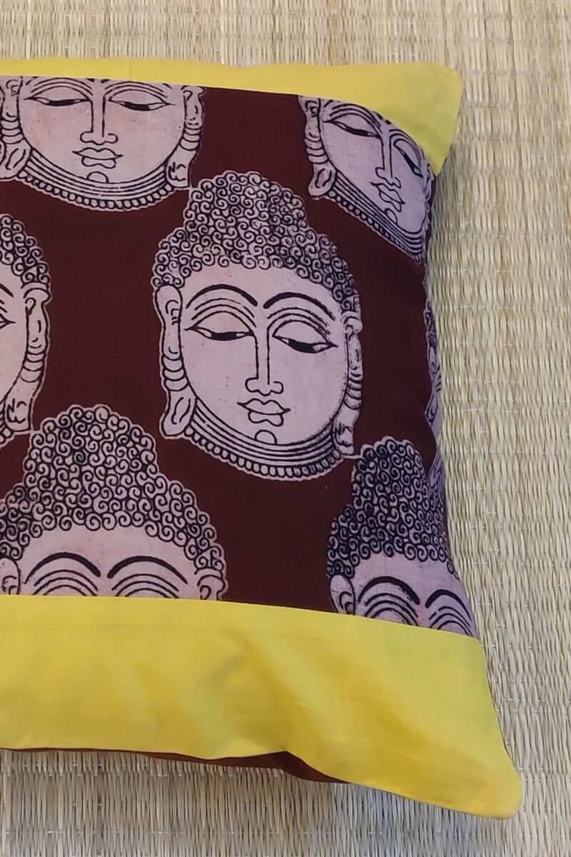 Cozy Cushion: Yellow Border and Brown Buddha Print Kalmakri Cotton Cushion Cover 16" X 16" - Image 5