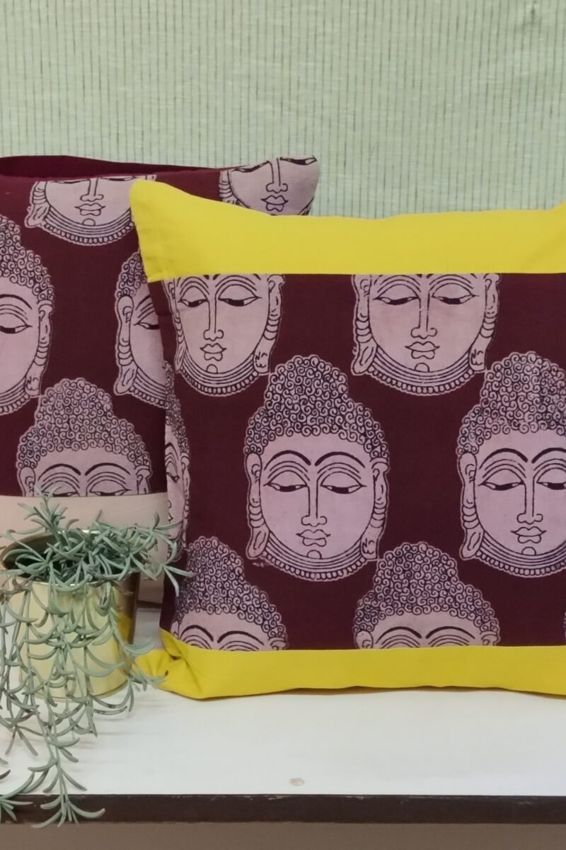 Cozy Cushion: Yellow Border and Brown Buddha Print Kalmakri Cotton Cushion Cover 16" X 16" - Image 6