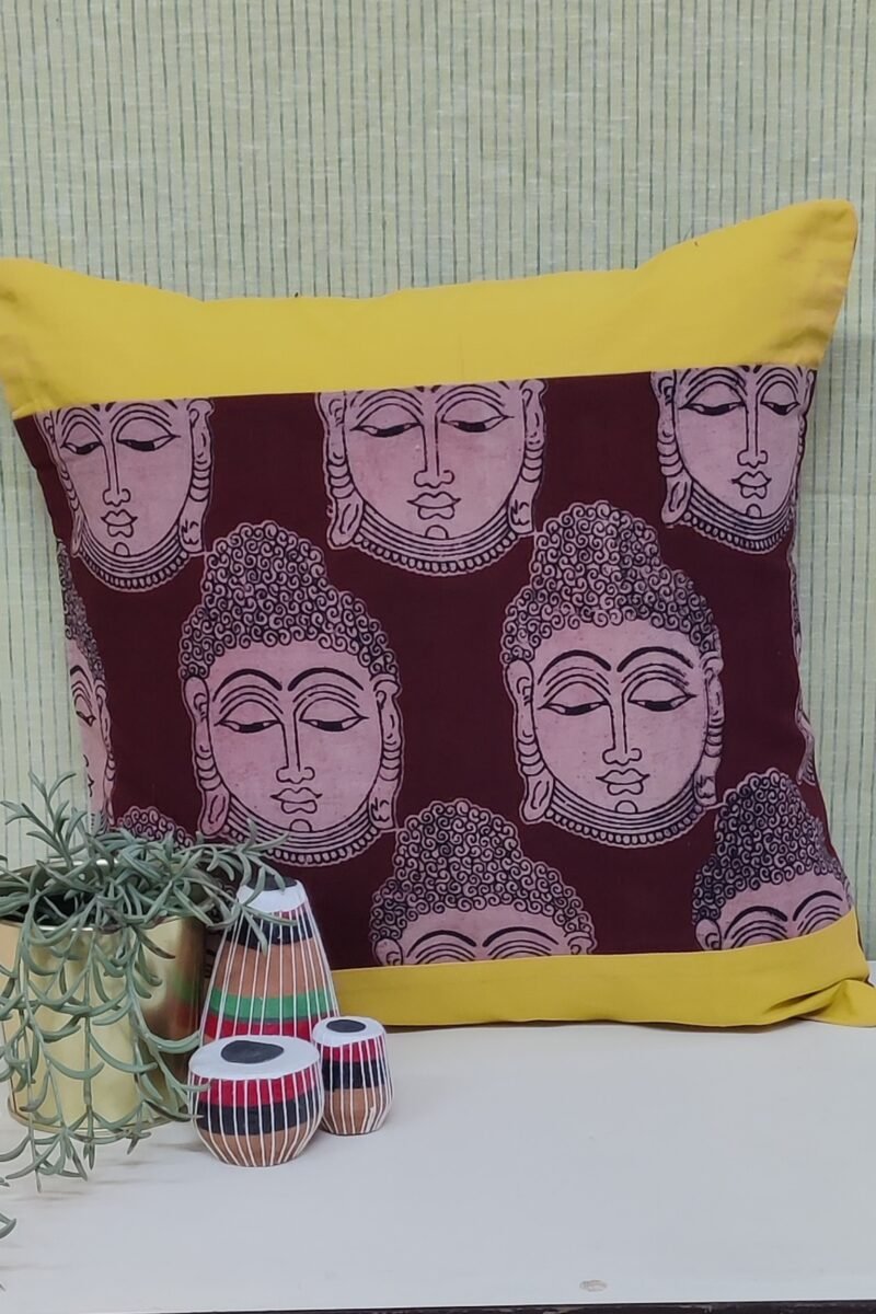 Cozy Cushion: Yellow Border and Brown Buddha Print Kalmakri Cotton Cushion Cover 16" X 16"