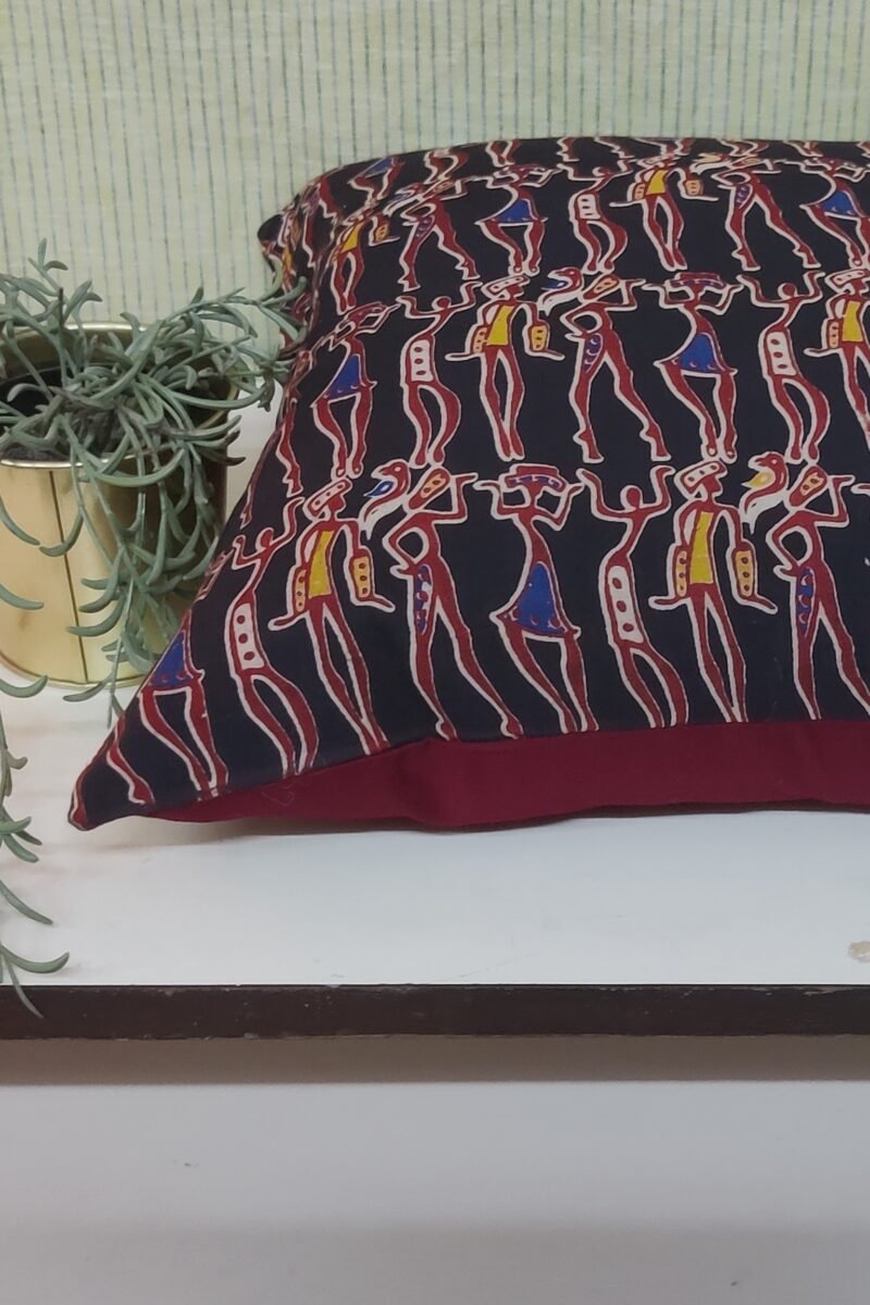 Cozy Cushion: Black Kalamkari Cotton with Maroon Figures Cushion Cover 16" X 16" - Image 2