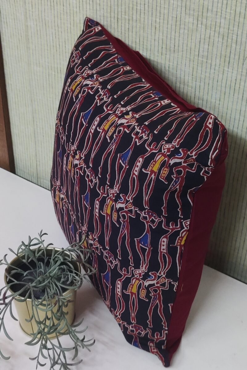 Cozy Cushion: Black Kalamkari Cotton with Maroon Figures Cushion Cover 16" X 16" - Image 3