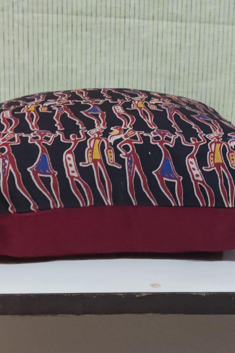 Cozy Cushion: Black Kalamkari Cotton with Maroon Figures Cushion Cover 16" X 16" - Image 4