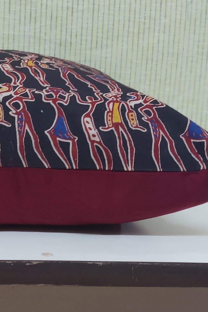Cozy Cushion: Black Kalamkari Cotton with Maroon Figures Cushion Cover 16" X 16" - Image 5