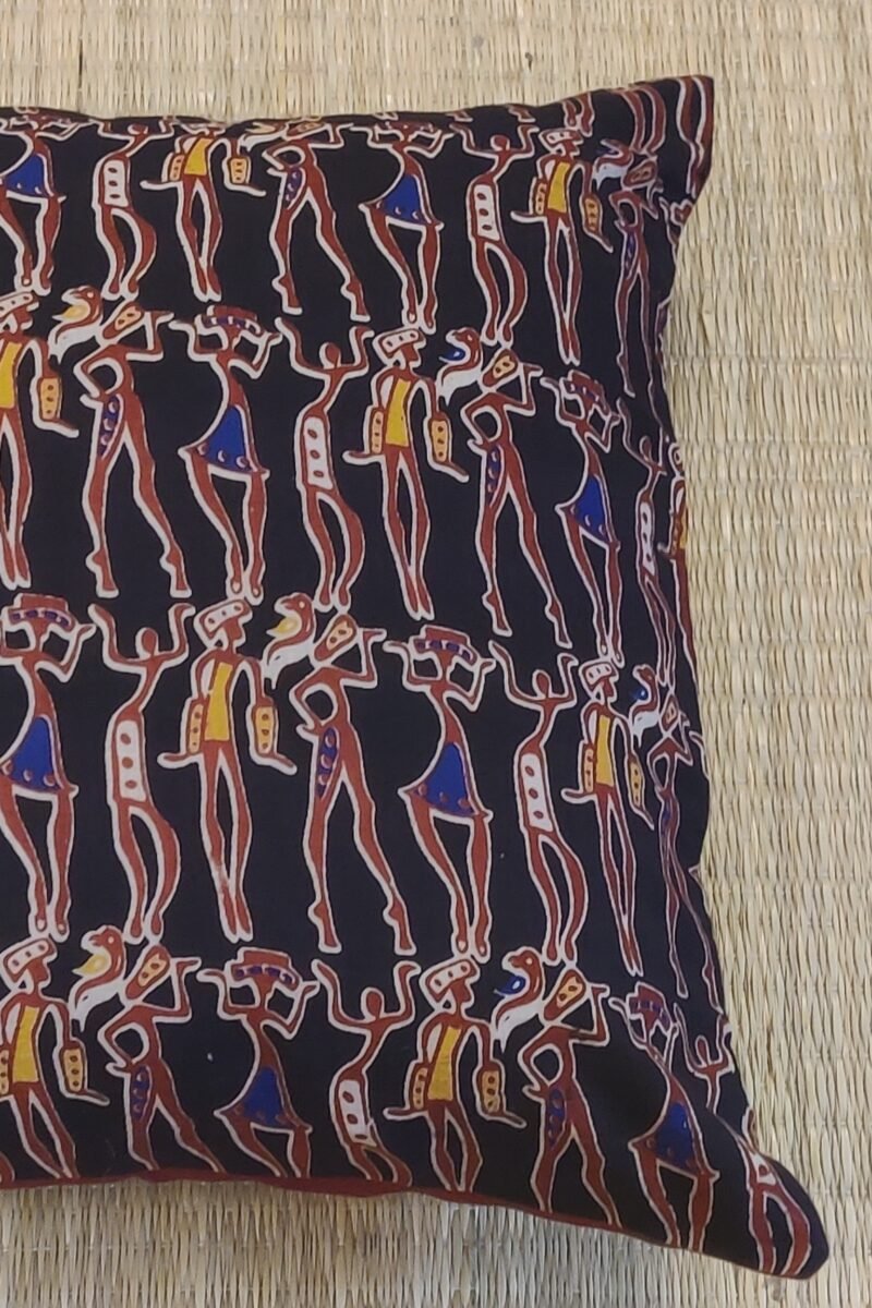Cozy Cushion: Black Kalamkari Cotton with Maroon Figures Cushion Cover 16" X 16" - Image 6