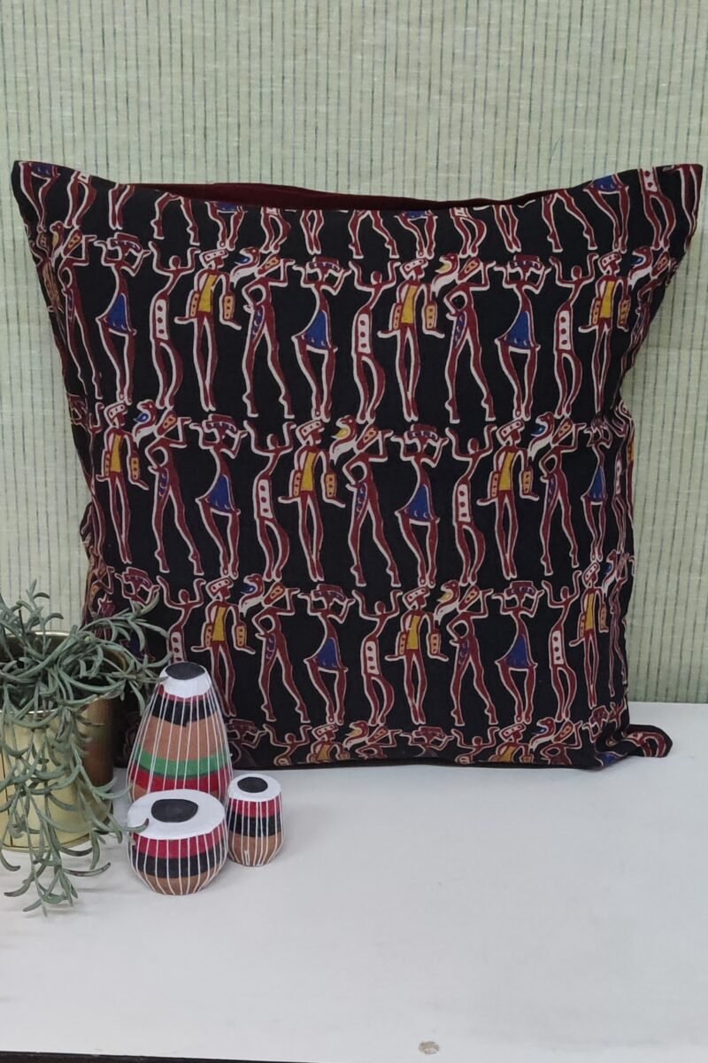 Cozy Cushion: Black Kalamkari Cotton with Maroon Figures Cushion Cover 16" X 16"
