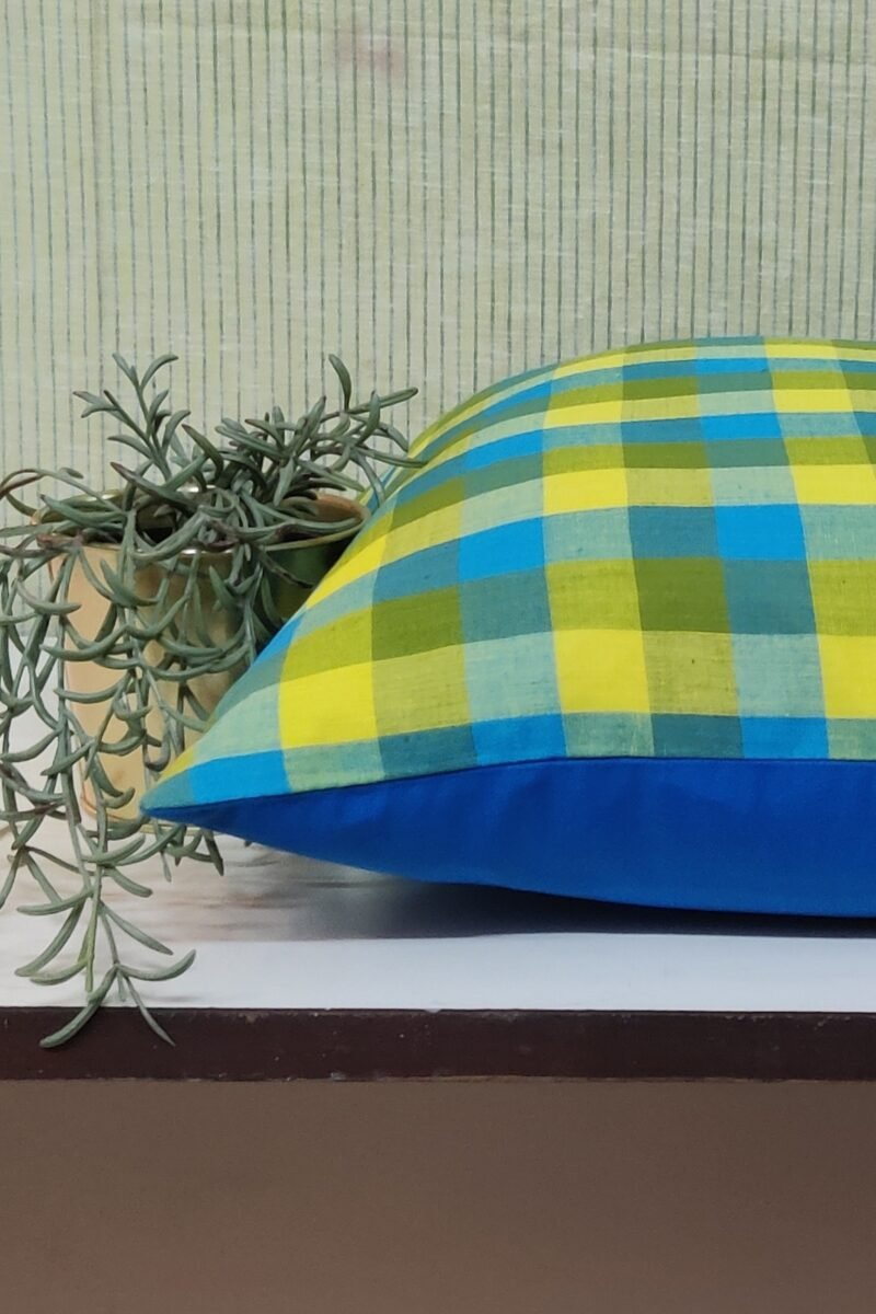 Cozy Cushion:Blue and Canary Yellow Checkered South Cotton Cushion Cover 16" X 16" - Image 2