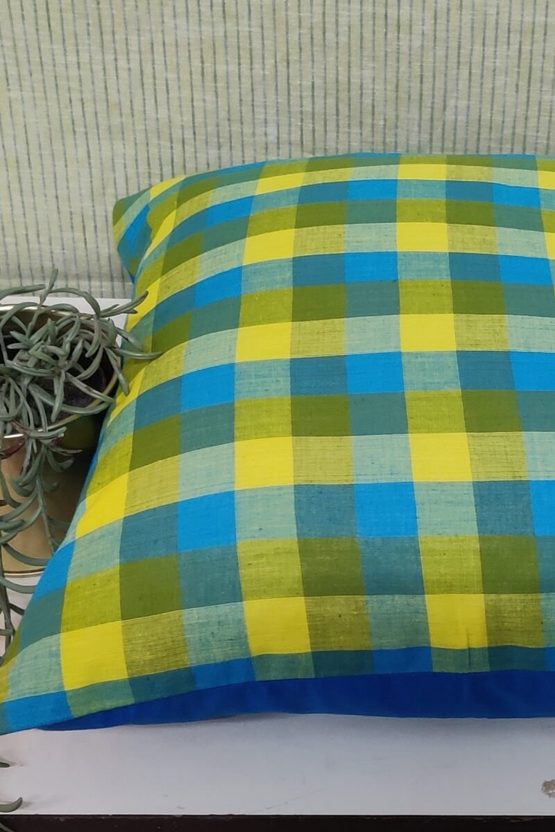 Cozy Cushion:Blue and Canary Yellow Checkered South Cotton Cushion Cover 16" X 16" - Image 3