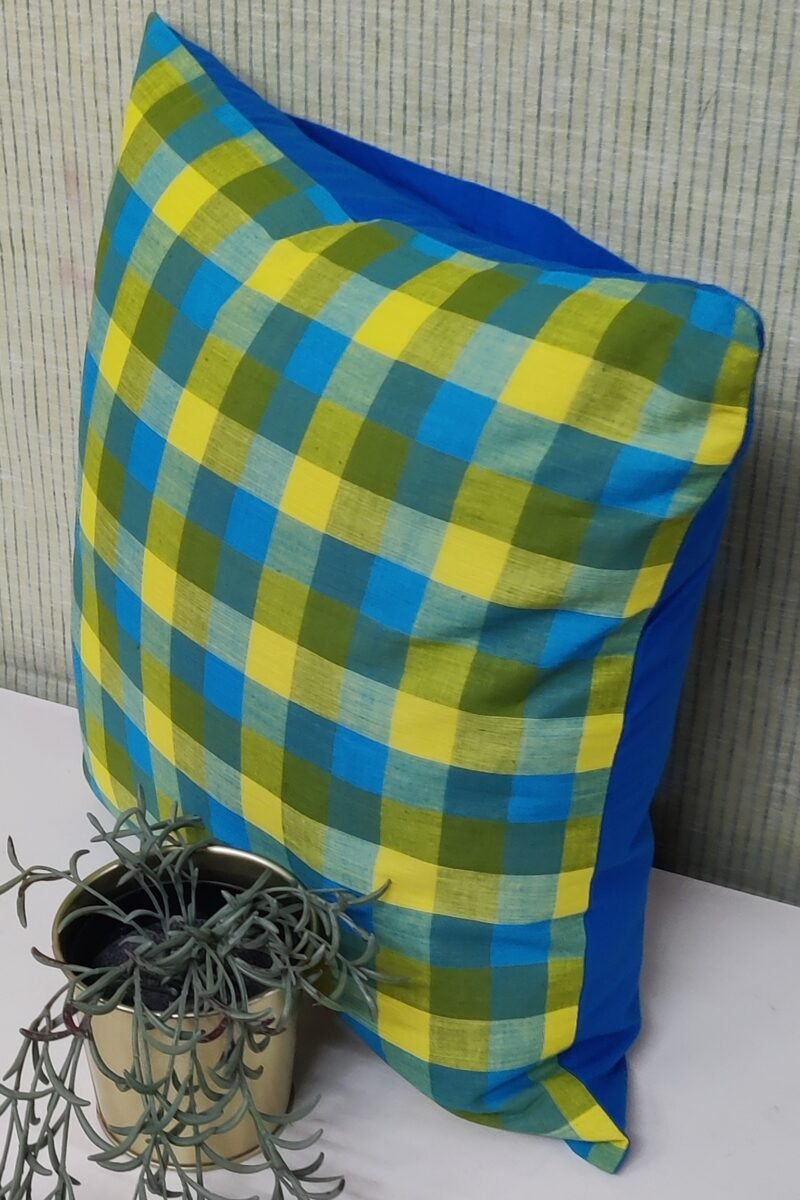 Cozy Cushion:Blue and Canary Yellow Checkered South Cotton Cushion Cover 16" X 16" - Image 4