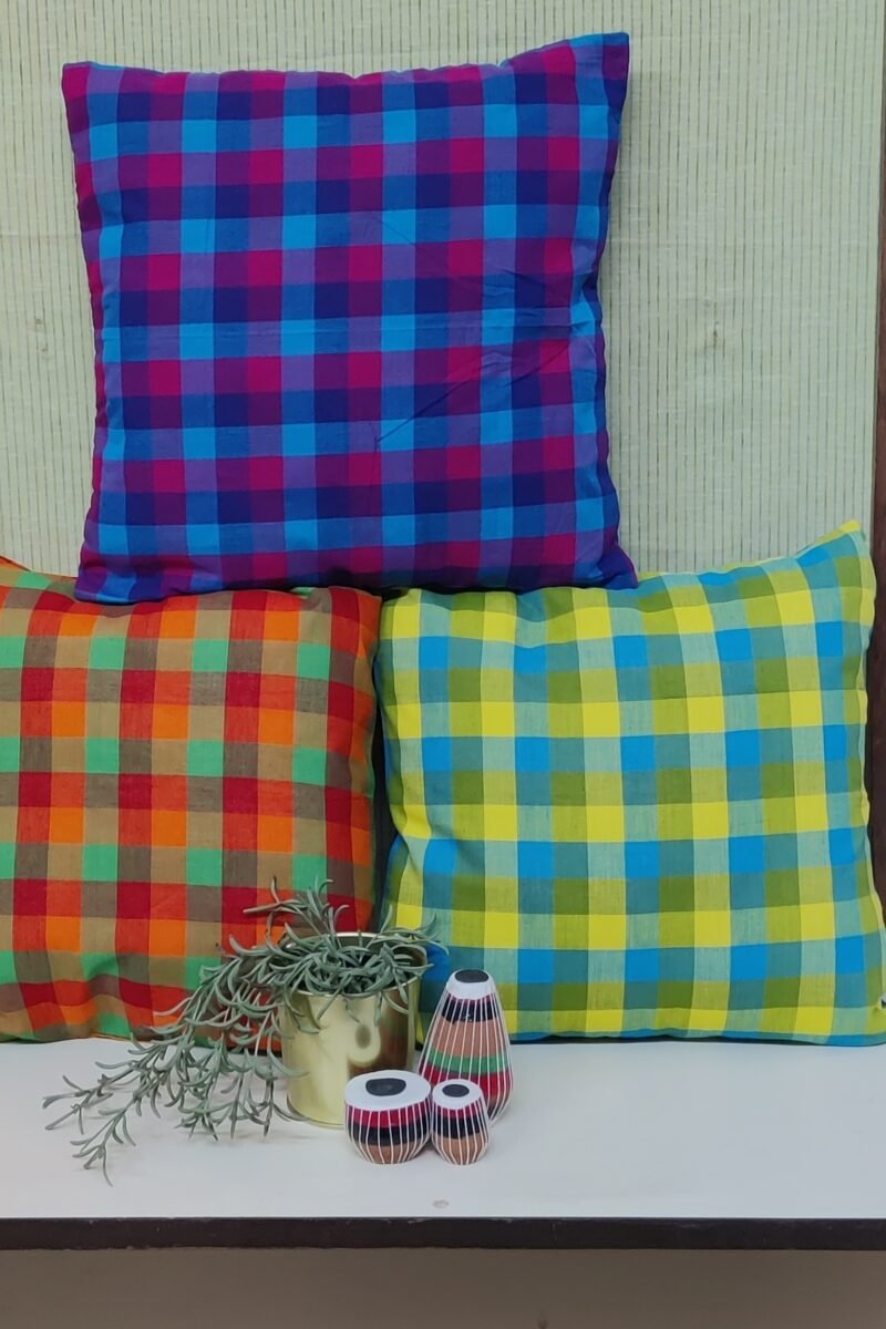 Cozy Cushion:Blue and Canary Yellow Checkered South Cotton Cushion Cover 16" X 16" - Image 5