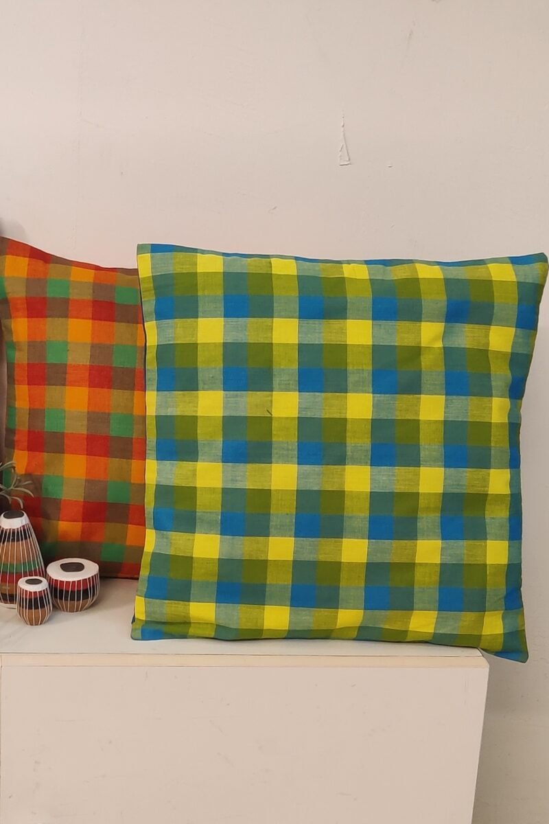 Cozy Cushion:Blue and Canary Yellow Checkered South Cotton Cushion Cover 16" X 16" - Image 6