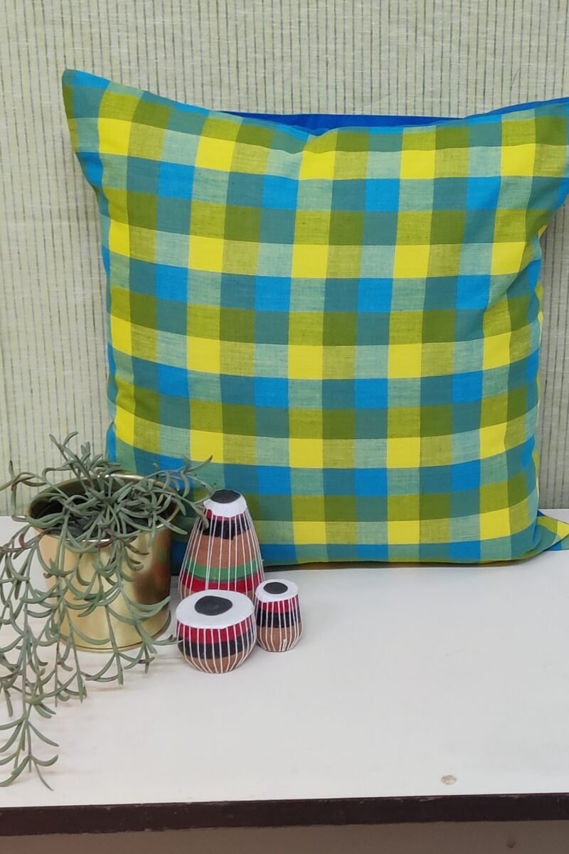 Cozy Cushion:Blue and Canary Yellow Checkered South Cotton Cushion Cover 16" X 16"