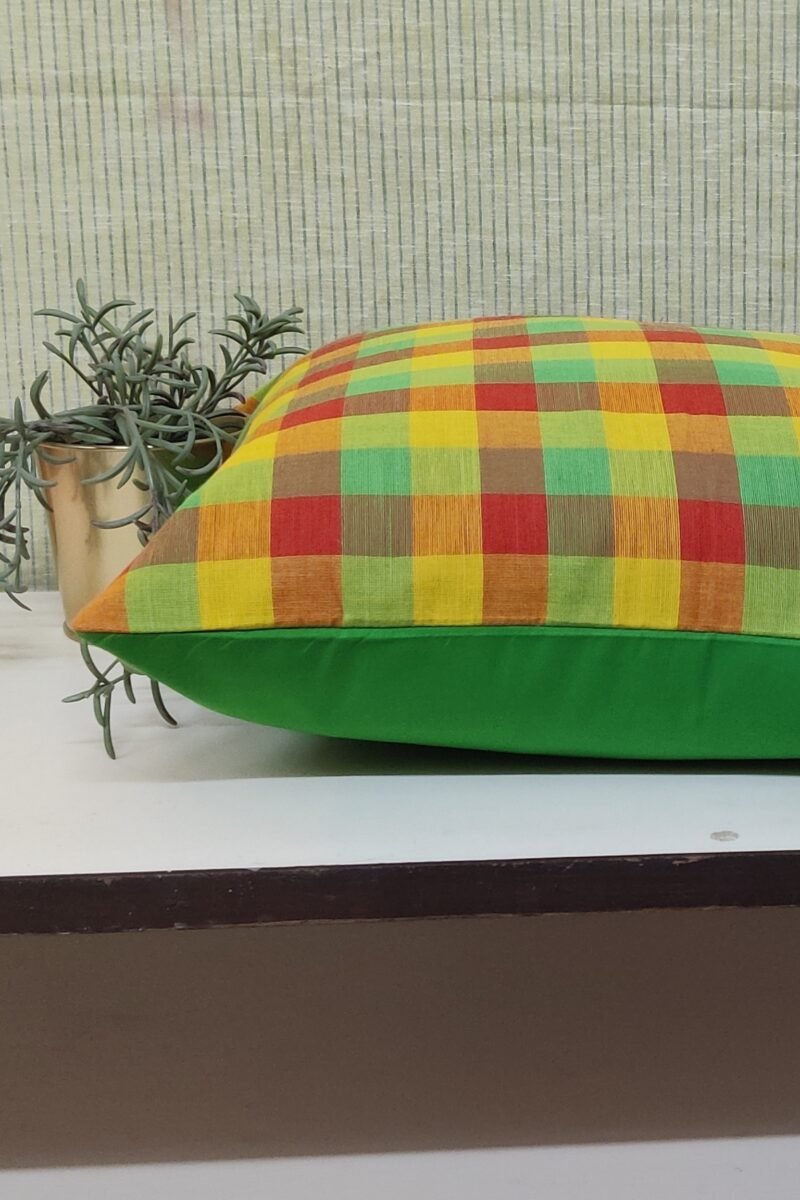Cozy Cushion: Orange, Yellow, and Green Checkered South Cotton Cushion Cover 16" X 16" - Image 2