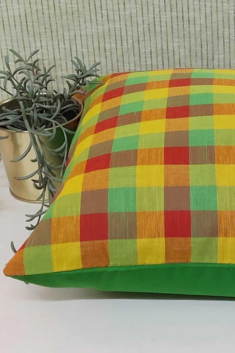 Cozy Cushion: Orange, Yellow, and Green Checkered South Cotton Cushion Cover 16" X 16" - Image 3